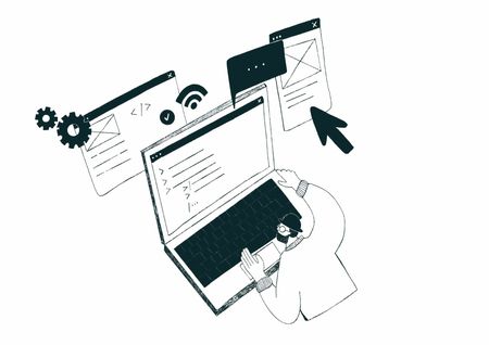 Darstellung mit einem illustrierten Menschen an einem Laptop, der an einer Webseite arbeitet.